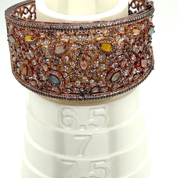 Vintage Filigree Hinge Bracelet Rose Gold-tone Rhinestones Safety Clasp - Picture 16 of 16